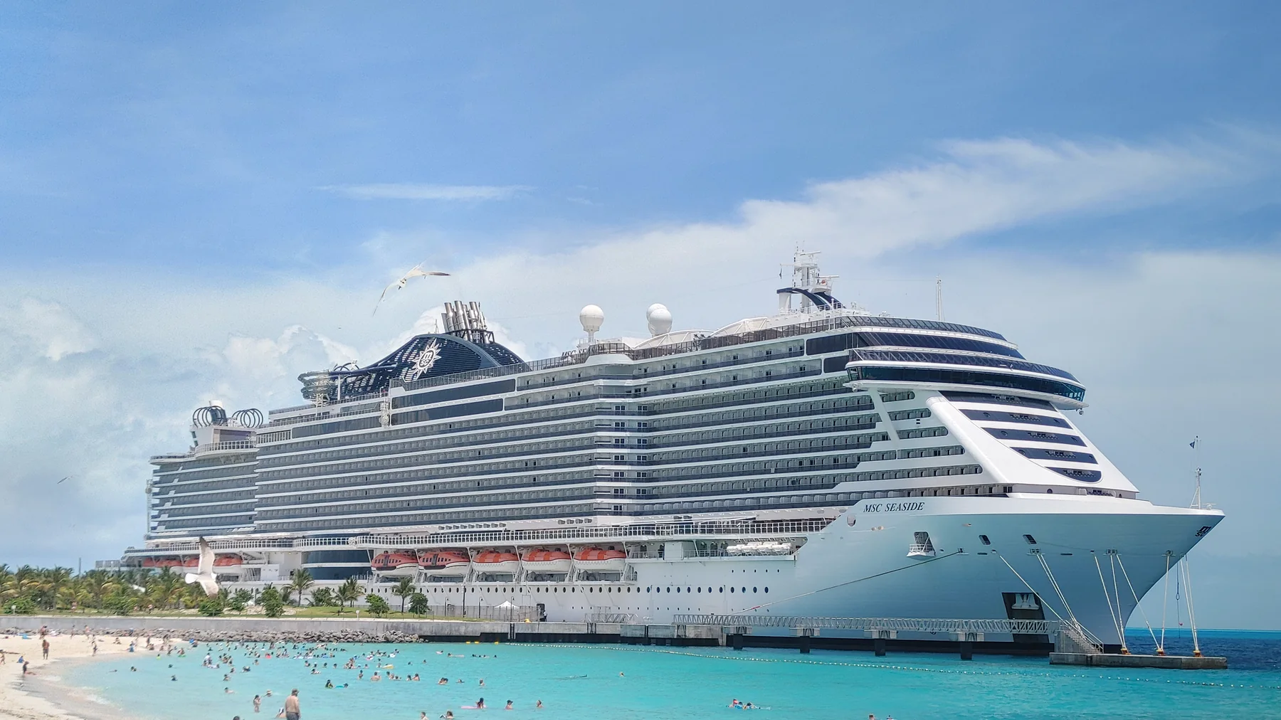 MSC Seaside at Ocean Cay, three-quarter bow view