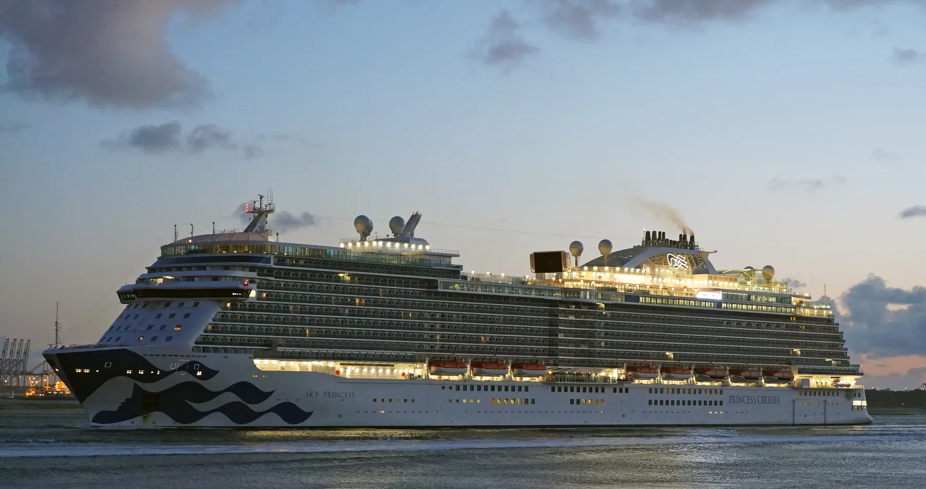 Sky Princess under way at dusk, Hook of Holland